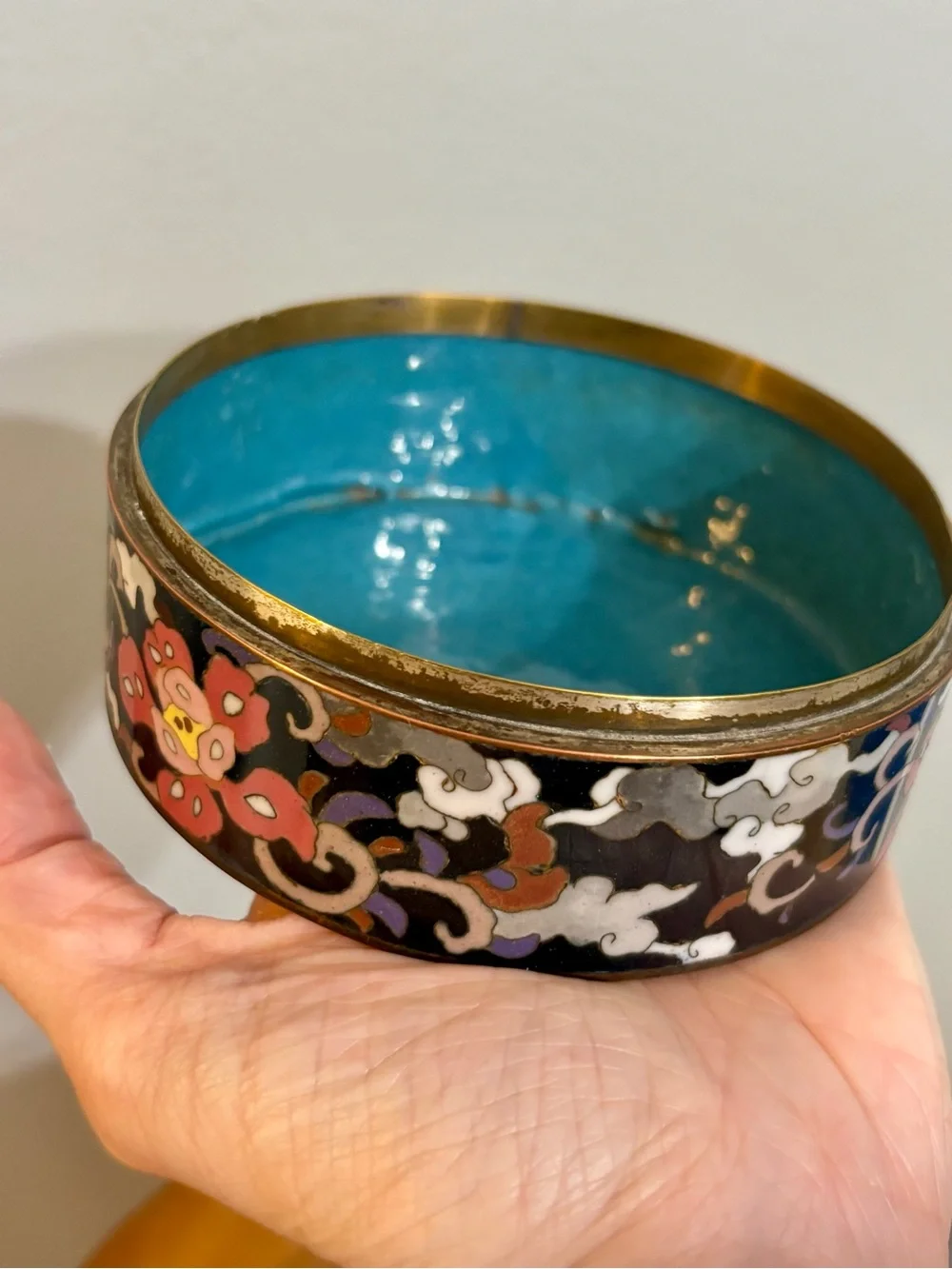 Vintage Cloisonné Enamel Trinket Box Flowers floral turquoise interior beautiful